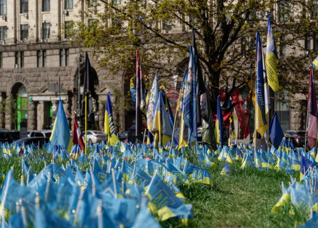 Photo of many Ukrainian flags on a lawn in front of building in Kyiv