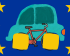 A stylized, hand-painted illustration on a dark blue background featuring four yellow five-pointed stars, reminiscent of the European Union flag. In the center is a light blue car with a red bicycle superimposed over it. The wheels of both the car and the bicycle are replaced by two large, rounded yellow squares, creating a whimsical and metaphorical visual of mismatched modes of transport.